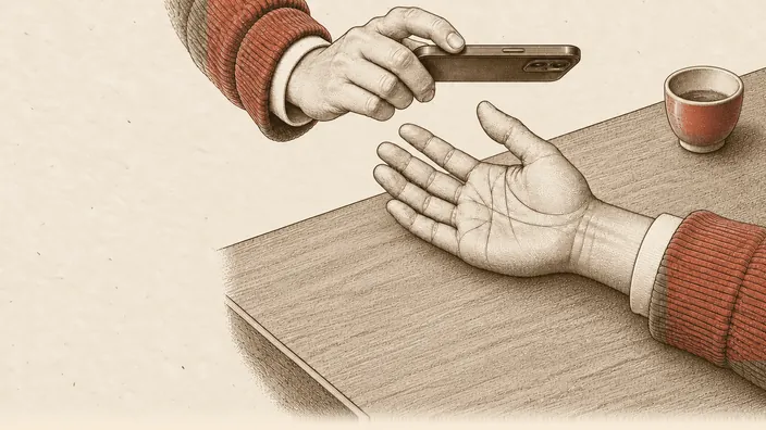Hands meet across the same wooden table, with Akash’s terracotta corduroy sleeves, a phone and a small cup.