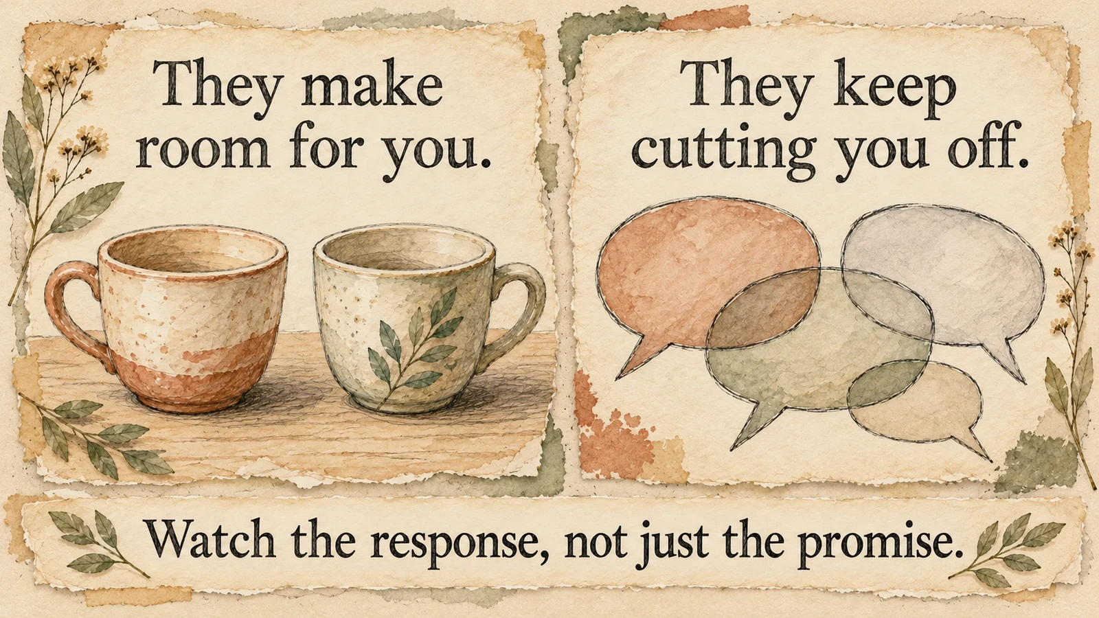 Two illustrated reply cards contrast making room for a friend with continuing to cut them off.