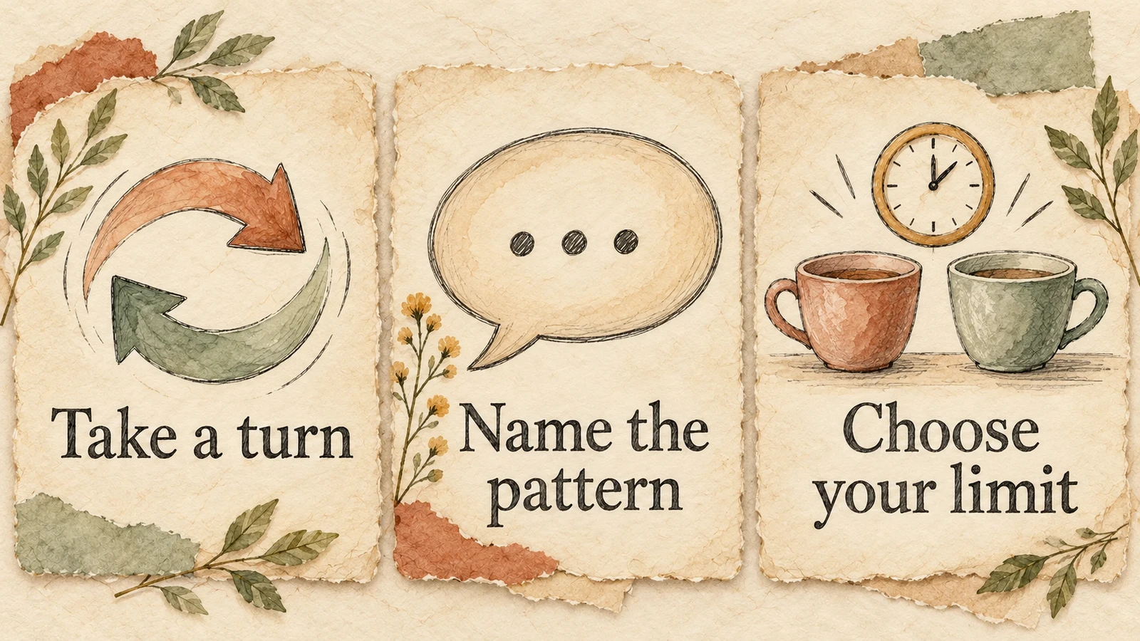 Three illustrated cards show taking a turn, naming the pattern and choosing a limit.