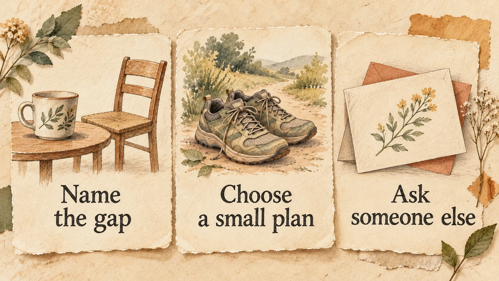Three illustrated cards show naming the gap, choosing a small plan and inviting someone else.