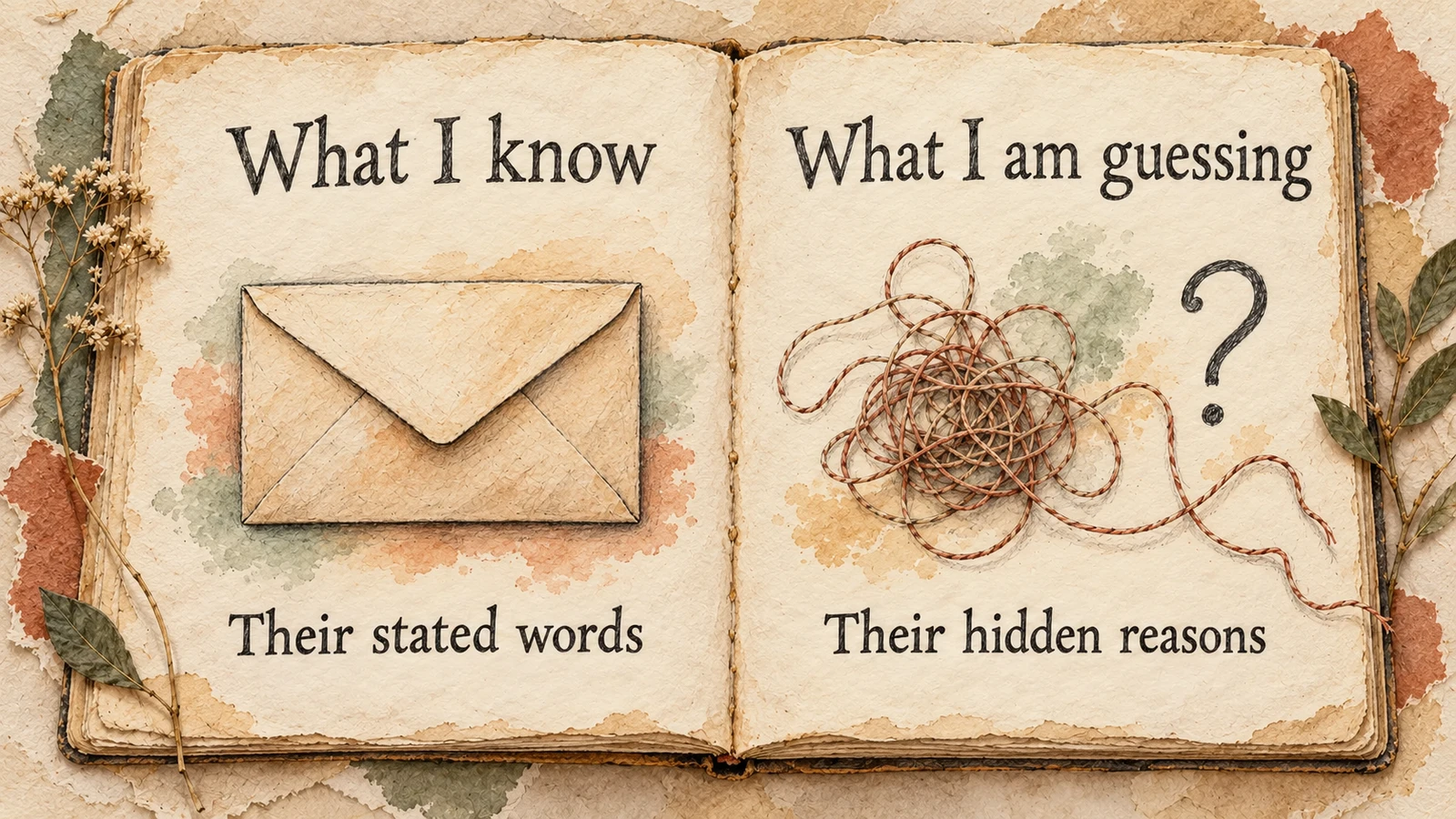 Two illustrated notebooks distinguish a friend's stated words from guesses about their hidden reasons.