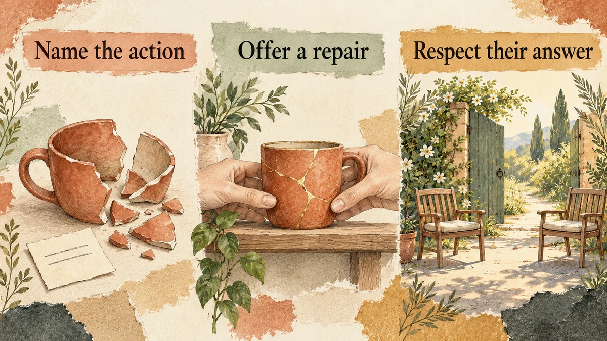 Three illustrated stages show a damaged cup, a repair and space for a response, labelled Name the action, Offer a repair and Respect their answer.