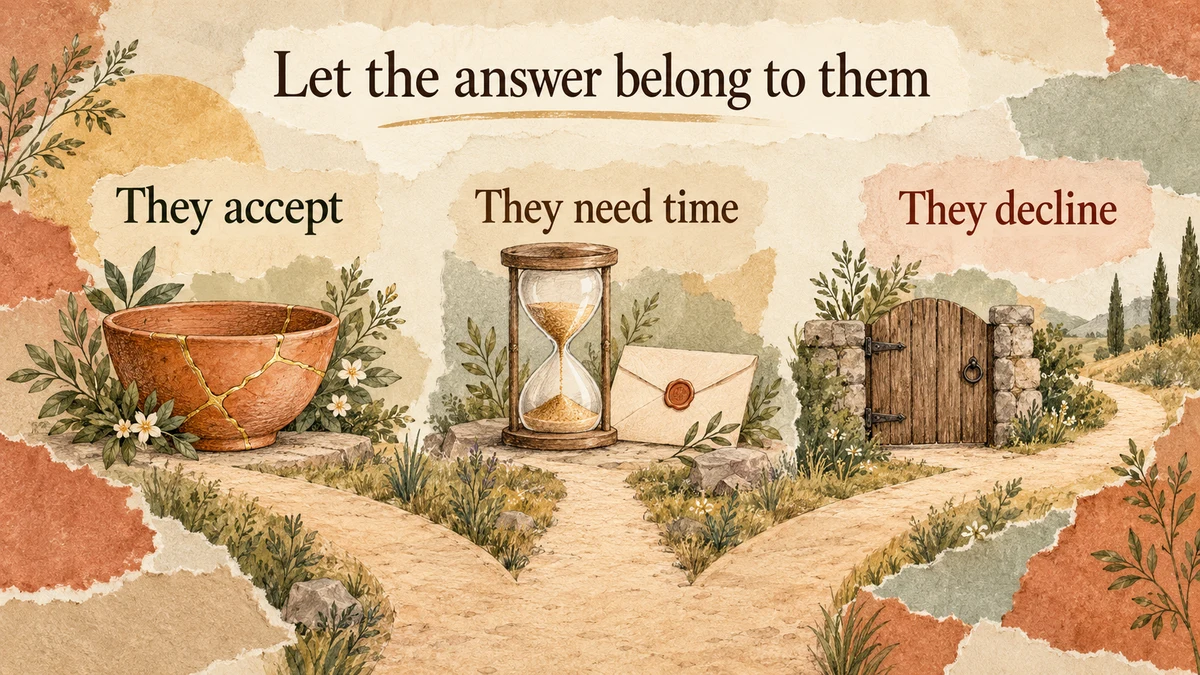 Three separate paths labelled They accept, They need time and They decline lead to a repaired bowl, an hourglass and a closed gate.