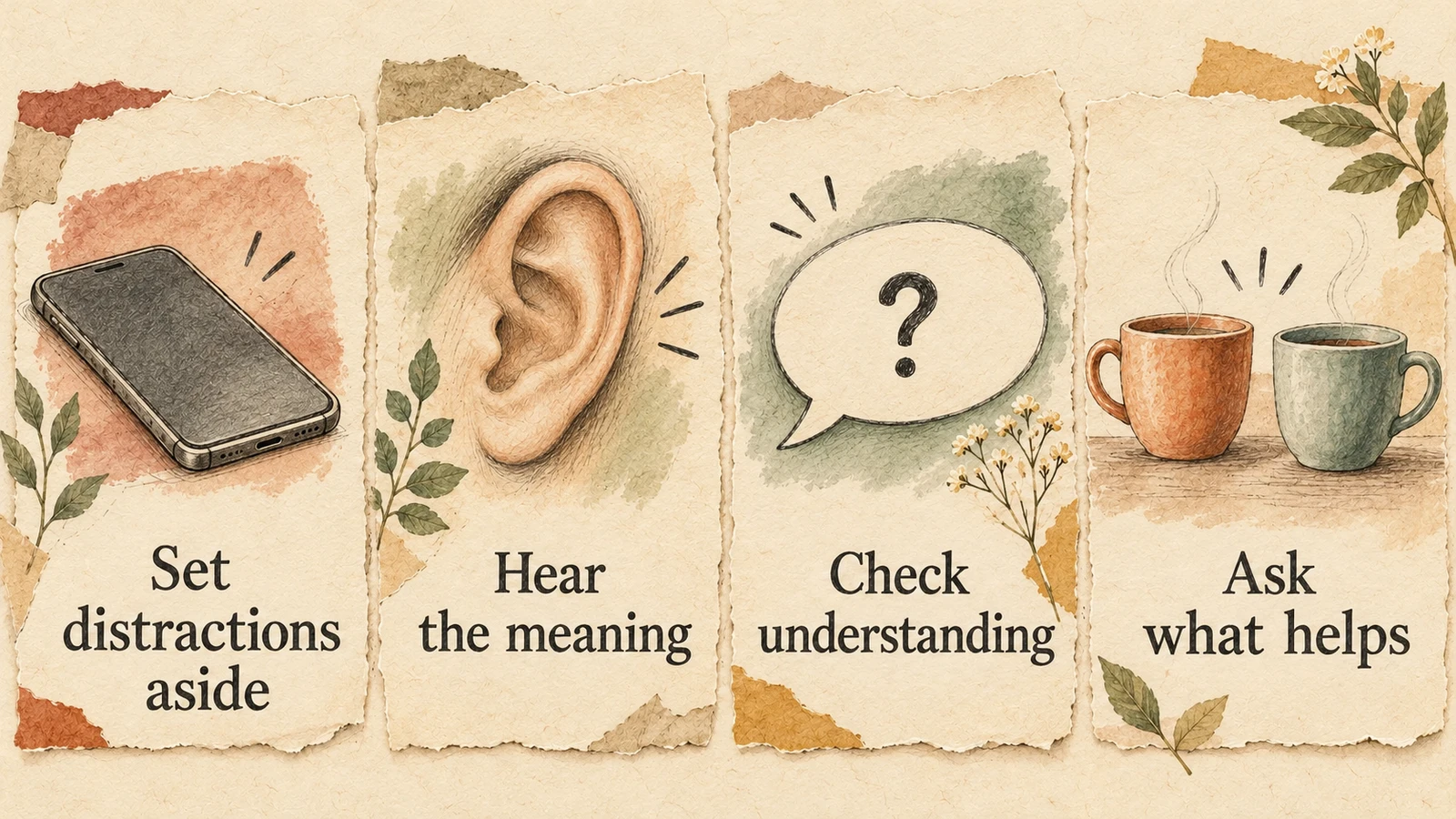 Four illustrated cards show setting distractions aside, hearing the meaning, checking understanding and asking what helps.