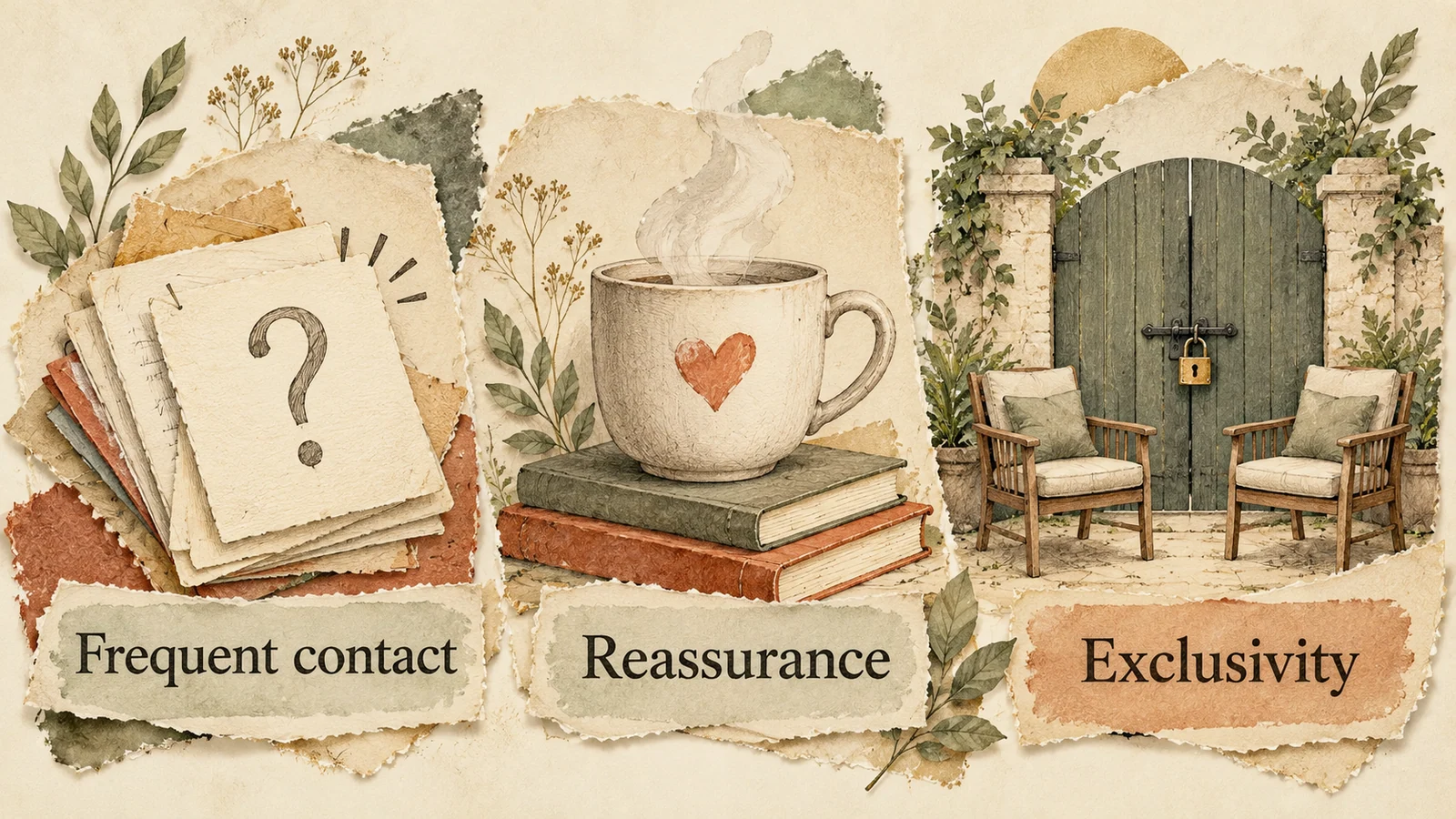 A stack of notes, a heart-marked cup and chairs beside a locked gate illustrate Frequent contact, Reassurance and Exclusivity.