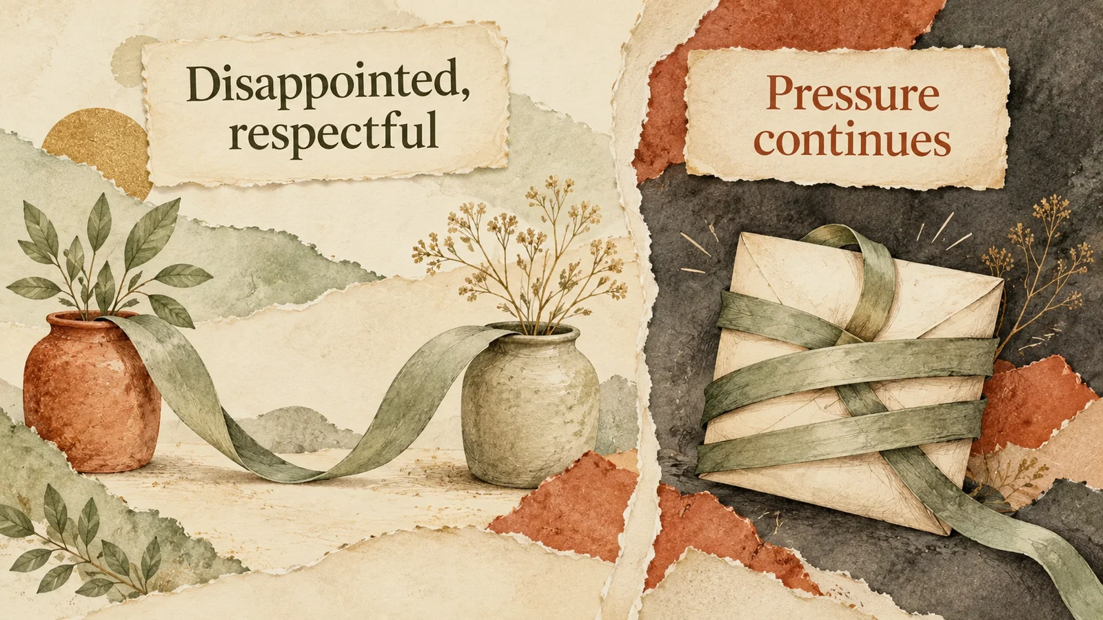 Two illustrated ribbon paths are labelled Disappointed, respectful and Pressure continues, contrasting a loose connection with repeated tightening.