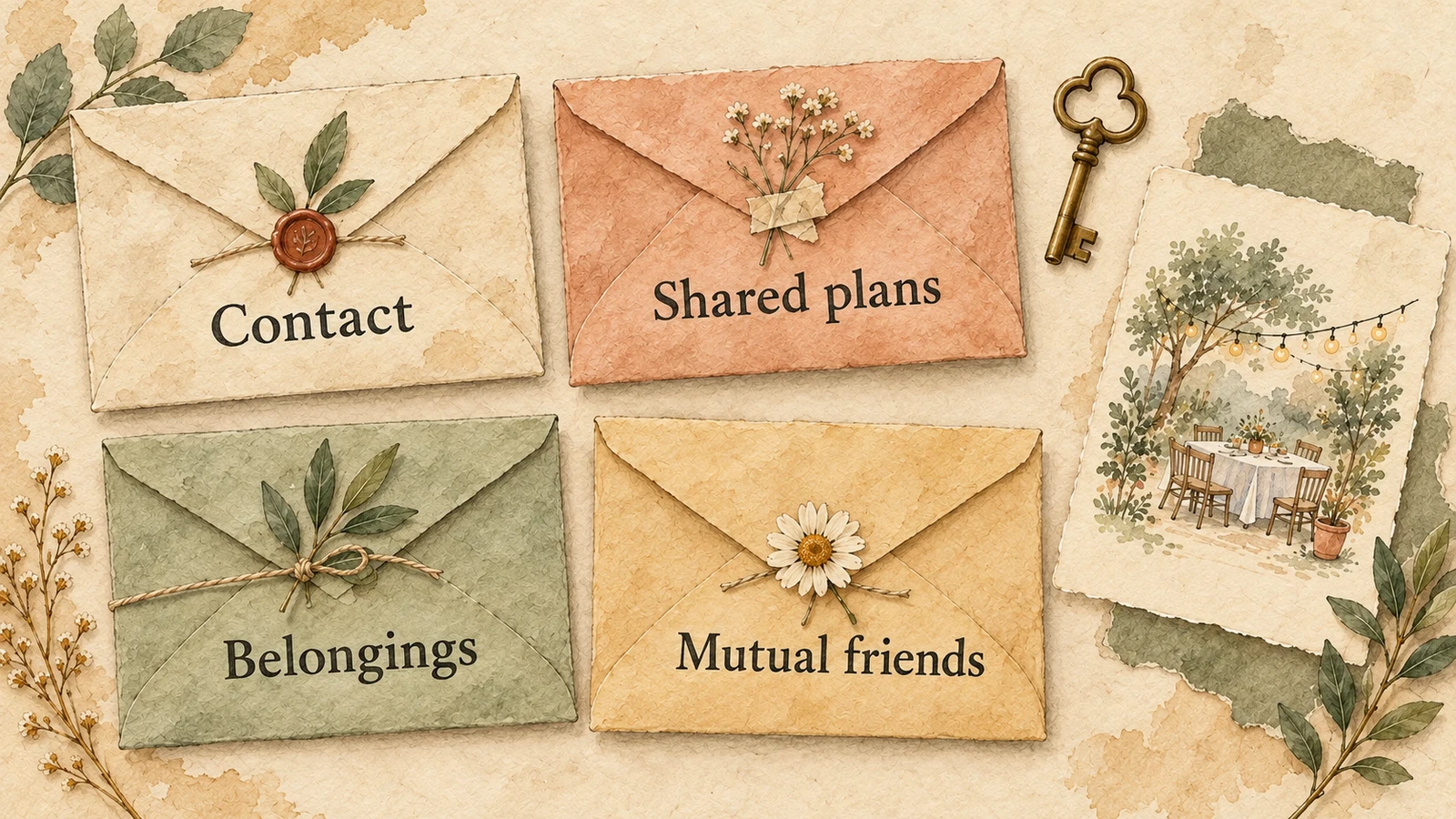 Four illustrated envelopes identify contact, shared plans, belongings and mutual friends as practical matters to settle.
