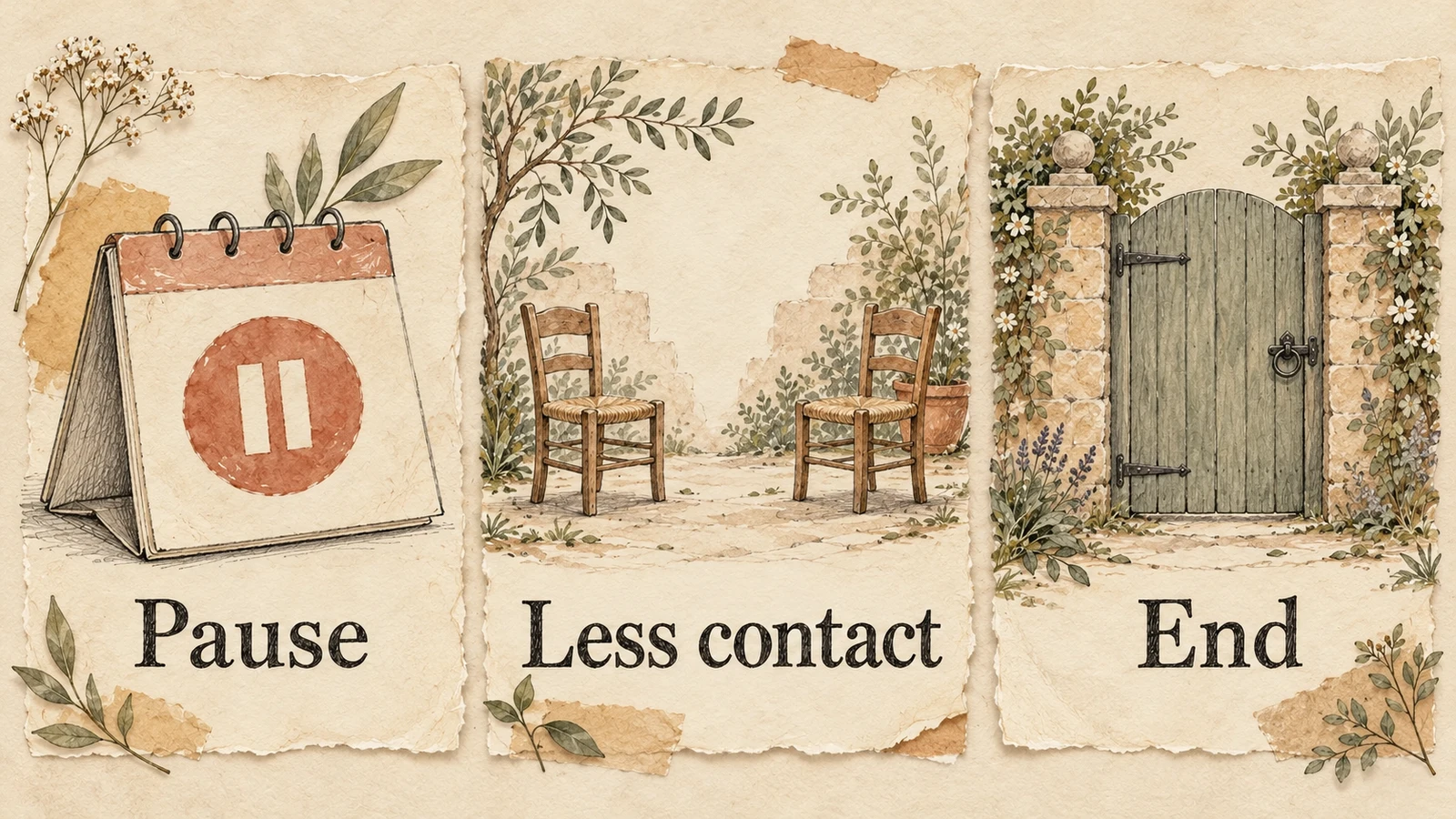 Three illustrated paths distinguish a pause, less contact and ending a friendship.