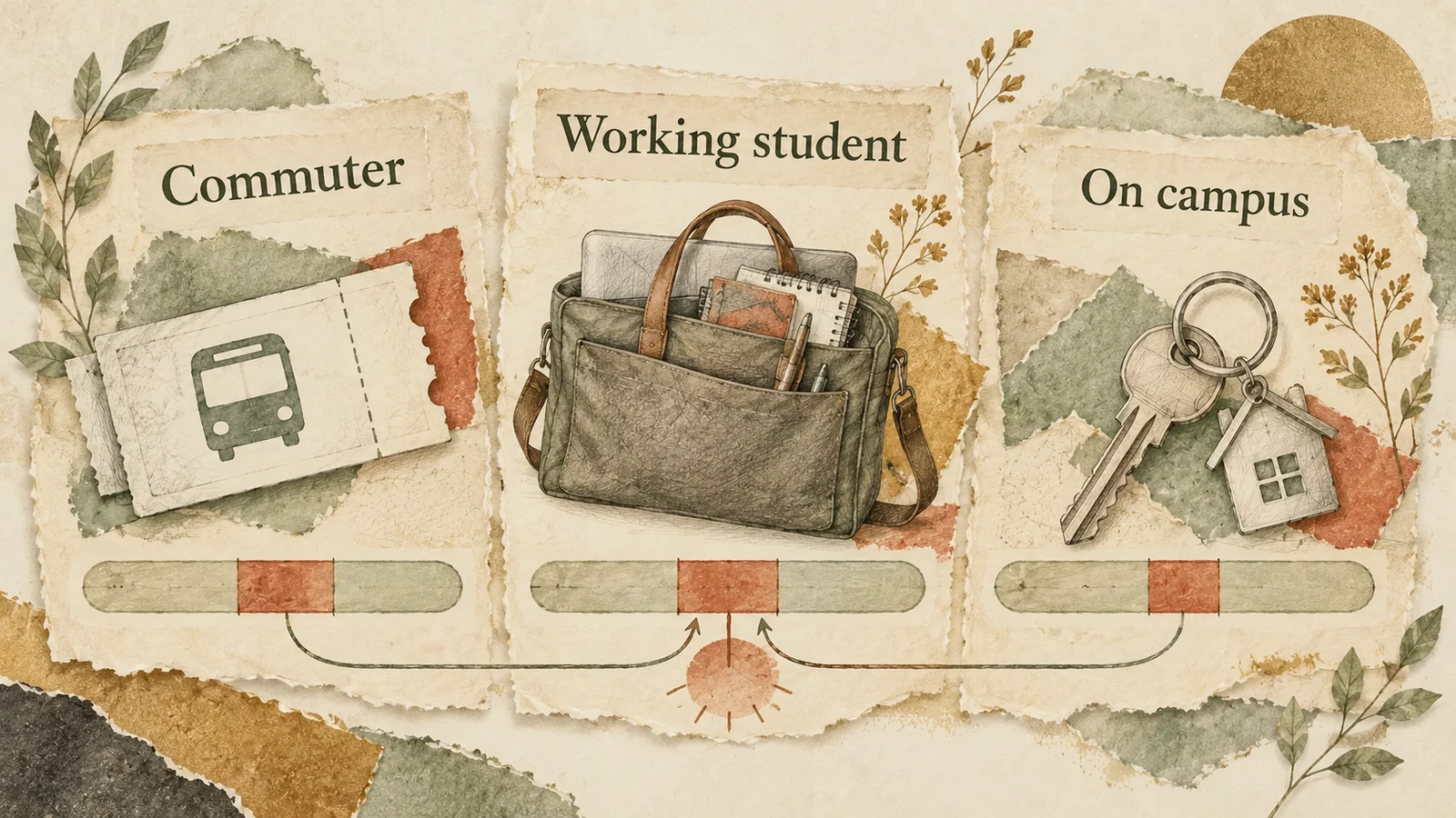 A bus ticket, work bag and residence key illustrate Commuter, Working student and On campus schedules with a shared open interval.