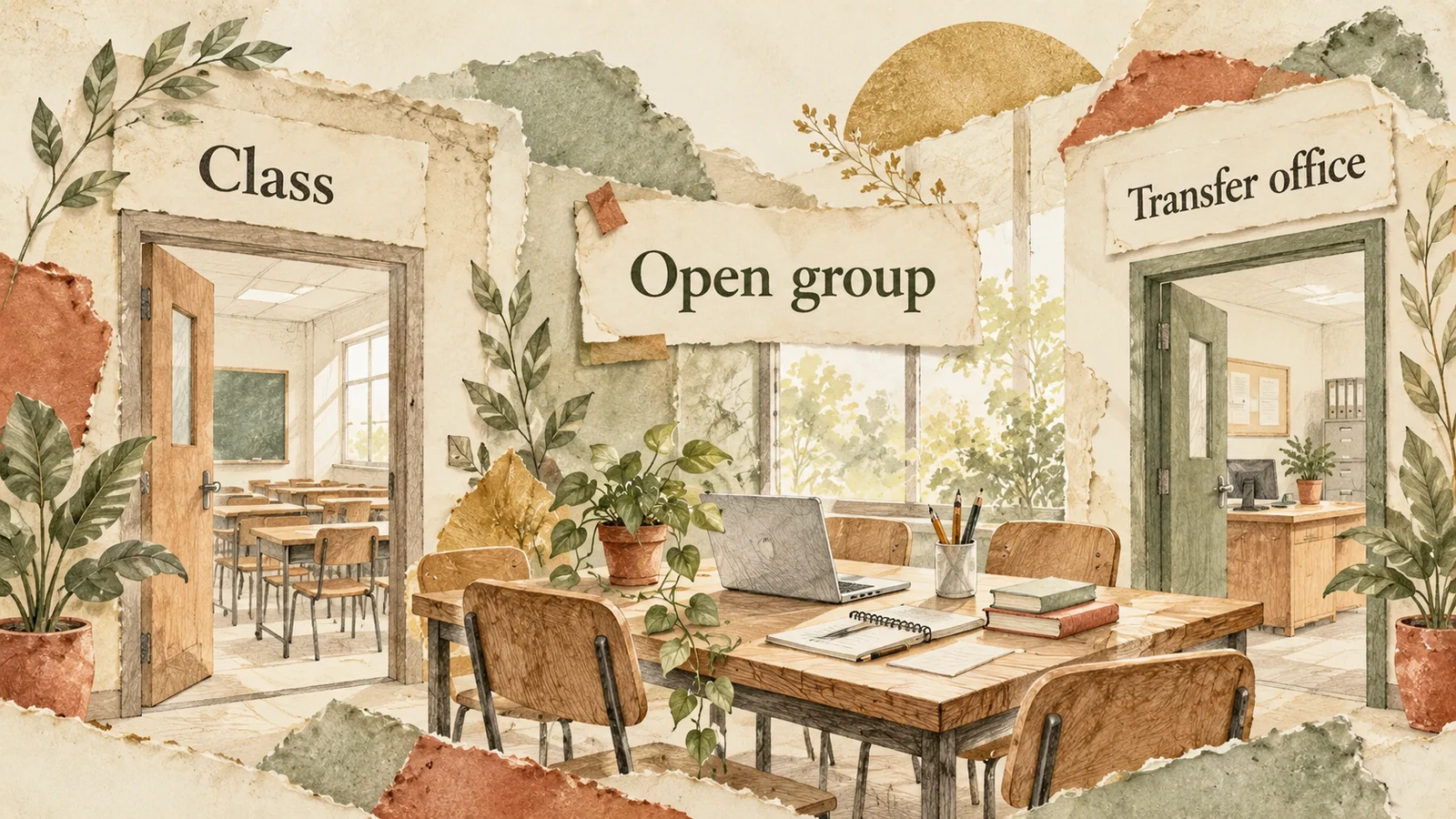 An open study table, activity materials and office doorway are labelled Class, Open group and Transfer office.