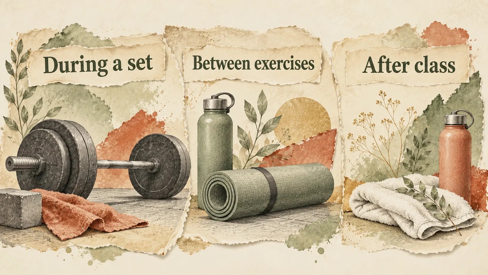 Three illustrated panels distinguish During a set, Between exercises and After class using weights, a mat and drinks.