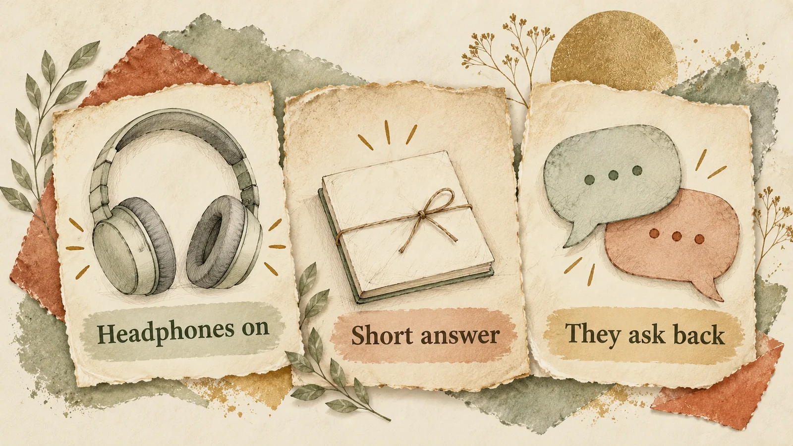 Headphones, a short note and paired speech notes illustrate Headphones on, Short answer and They ask back.
