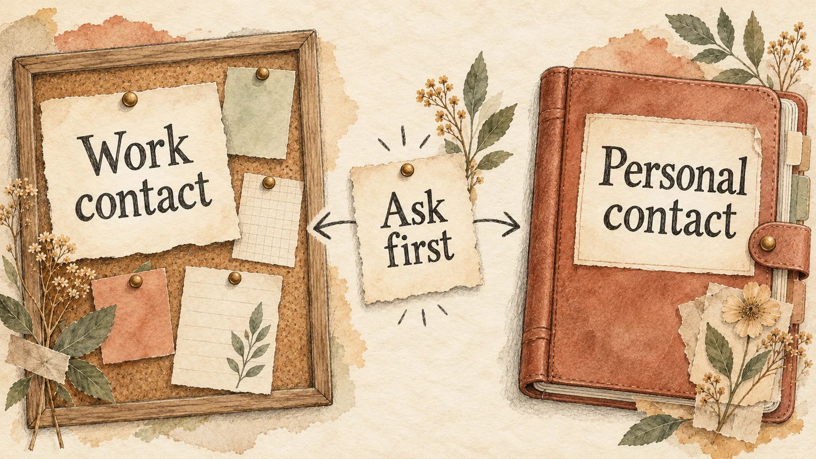 An illustrated work noticeboard and personal address book are separated by a card that says to ask first.