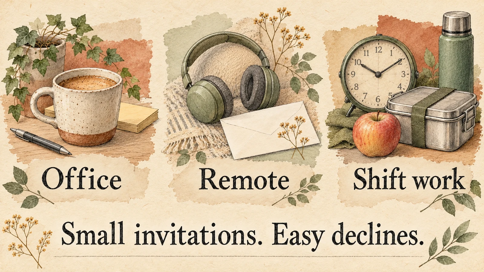Illustrated objects distinguish office, remote and shift-work friendship opportunities, with small invitations and easy declines.