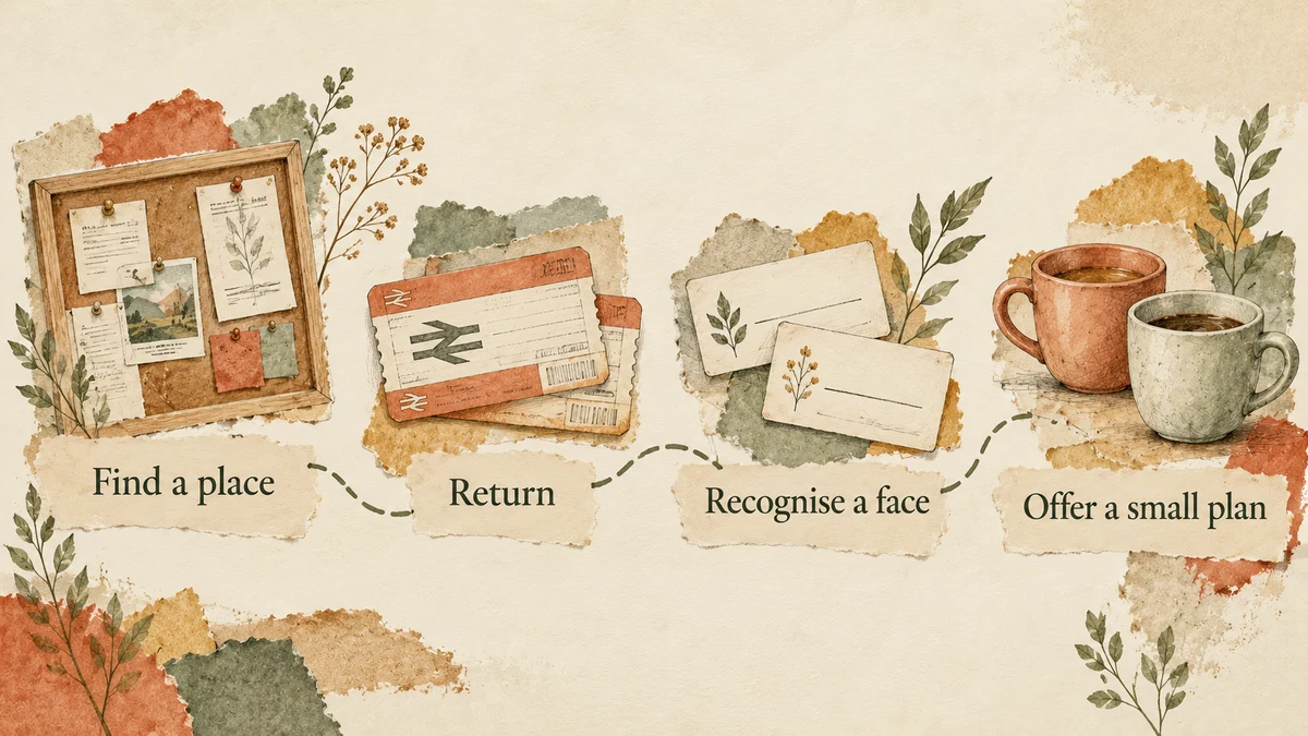 Four illustrated stepping stones show Find a place, Return, Recognise a face and Offer a small plan, without a friendship deadline.
