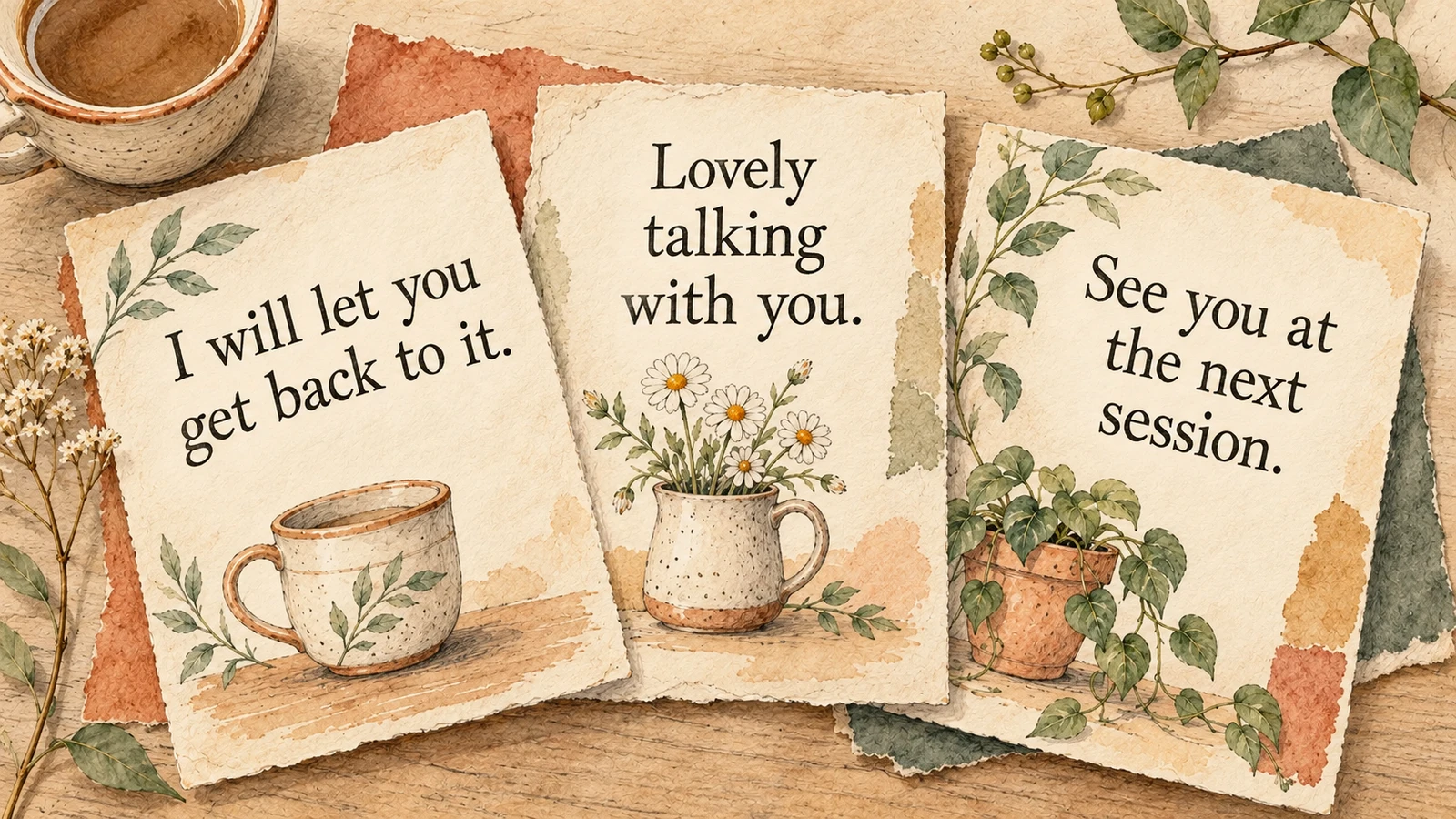 Three illustrated cards offer short, considerate ways to end a conversation.