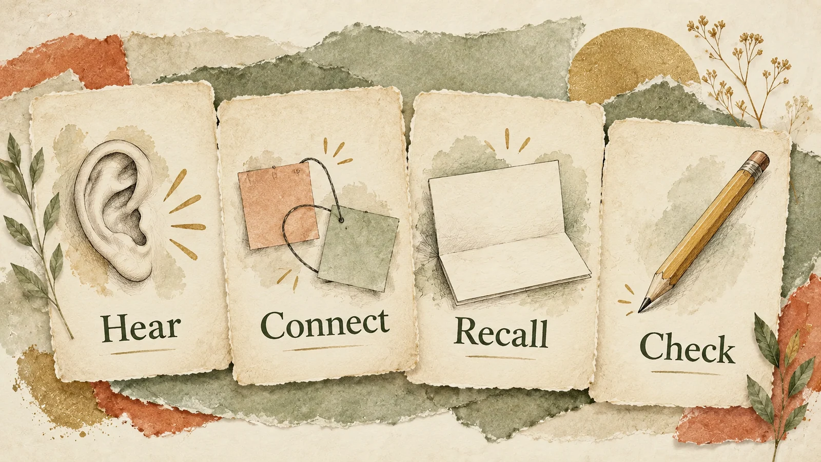 Four illustrated cards labelled Hear, Connect, Recall and Check show the steps of learning and retrieving a name.