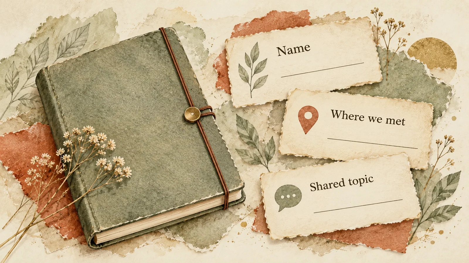 A notebook sits beside illustrated notes labelled Name, Where we met and Shared topic, without contact or sensitive details.