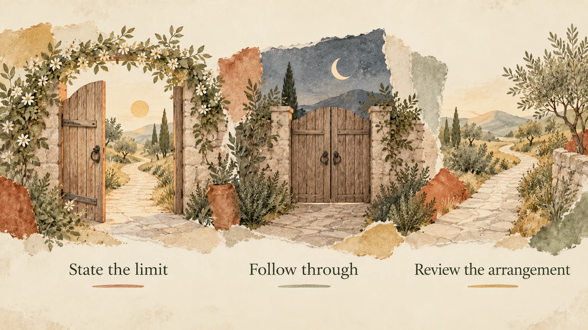 A garden-path sequence labelled State the limit, Follow through and Review the arrangement shows an open gate, a closed evening gate and another route.