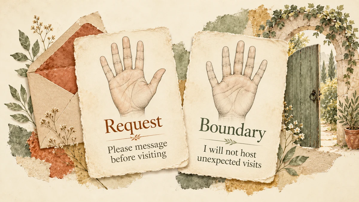 Two illustrated cards distinguish a request, Please message before visiting, from a boundary, I will not host unexpected visits.