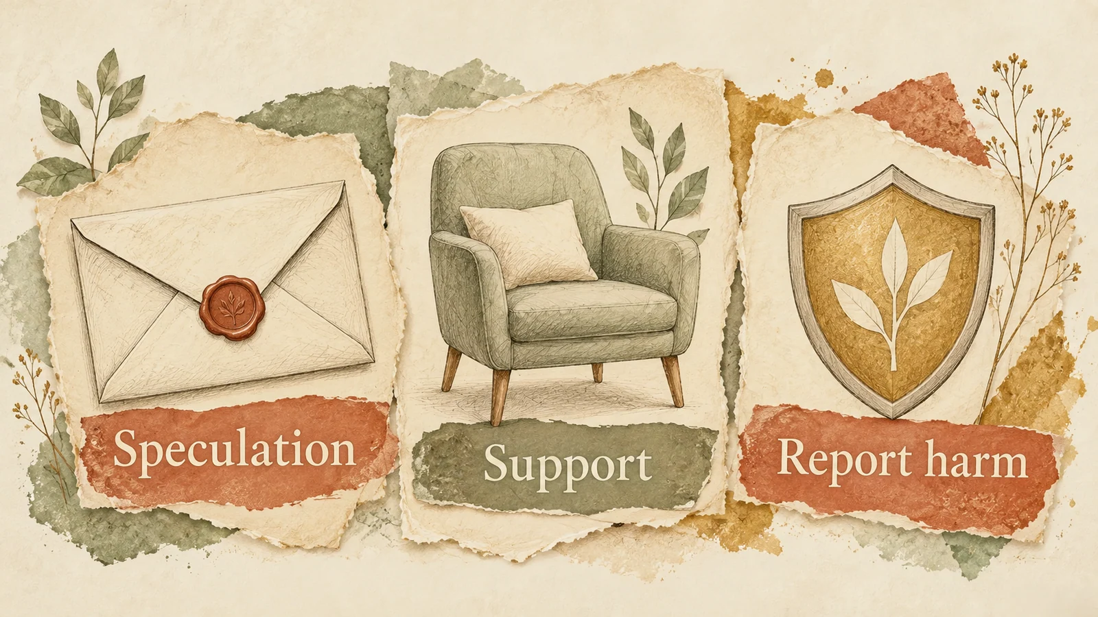 Three illustrated paths labelled Speculation, Support and Report harm distinguish different reasons for discussing an absent person.