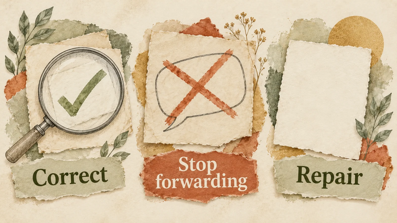 Illustrated notes labelled Correct, Stop forwarding and Repair show a correction without repeating the private message.