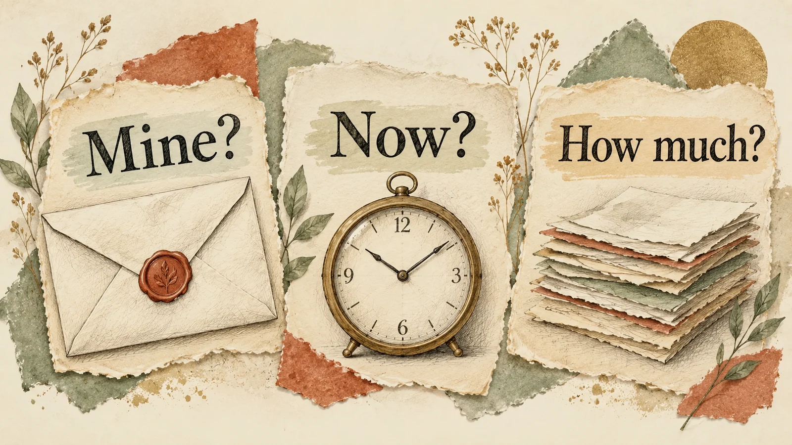 An envelope, clock and paper stack sit on three illustrated cards labelled Mine, Now and How much.