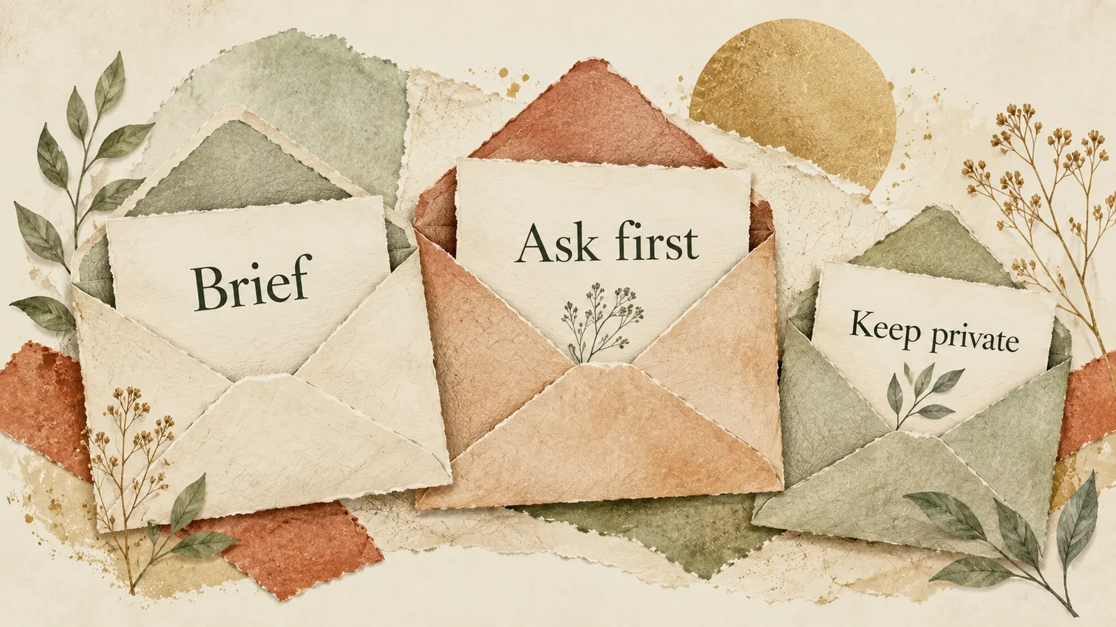 Three illustrated envelopes are labelled Brief, Ask first and Keep private, showing different choices about how much to disclose.