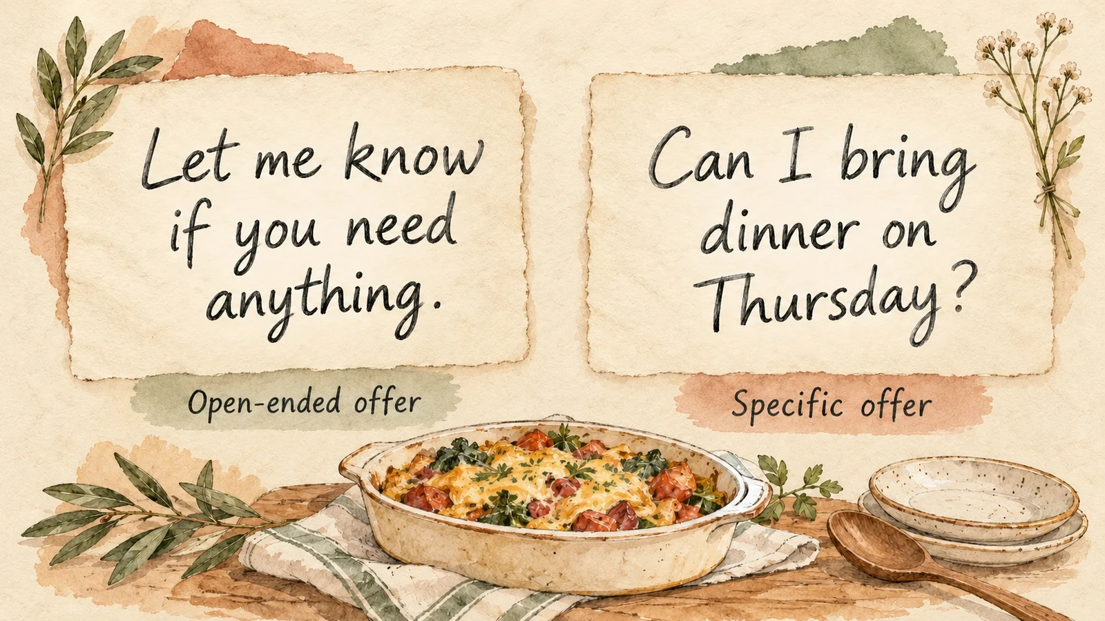 Two illustrated notes compare an open-ended offer with a specific dinner offer for Thursday.