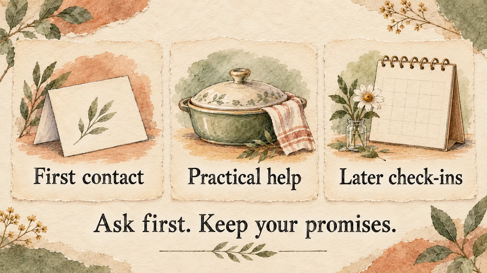 Illustrated cards distinguish first contact, practical help and later check-ins, with a reminder to ask first and keep promises.