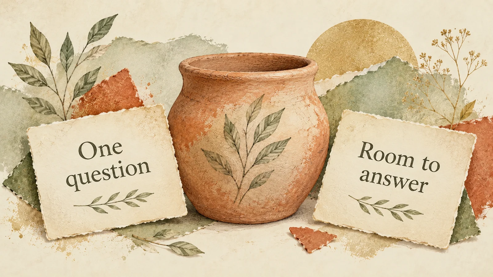 A clay pot sits between illustrated cards labelled One question and Room to answer.