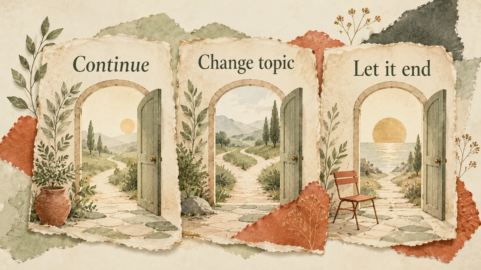 Three illustrated doorways are labelled Continue, Change topic and Let it end, showing equally available conversation choices.