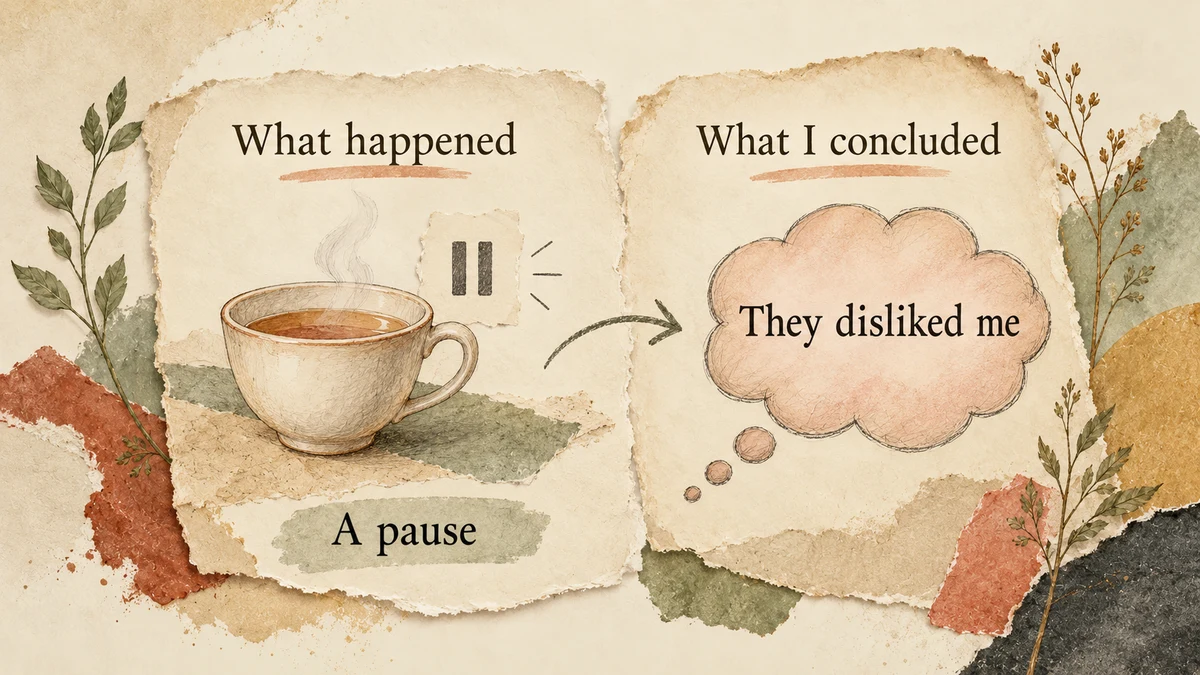 Two torn-paper columns labelled What happened and What I concluded distinguish a conversation pause from the thought They disliked me.