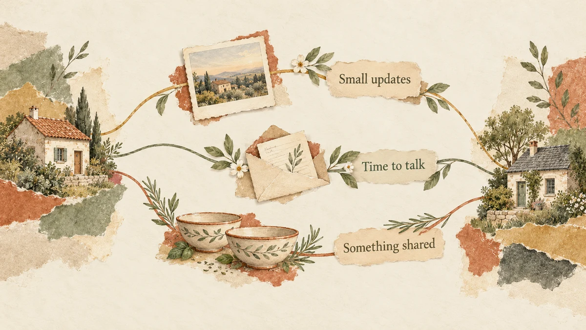 Three illustrated strands labelled Small updates, Time to talk and Something shared connect two distant homes.