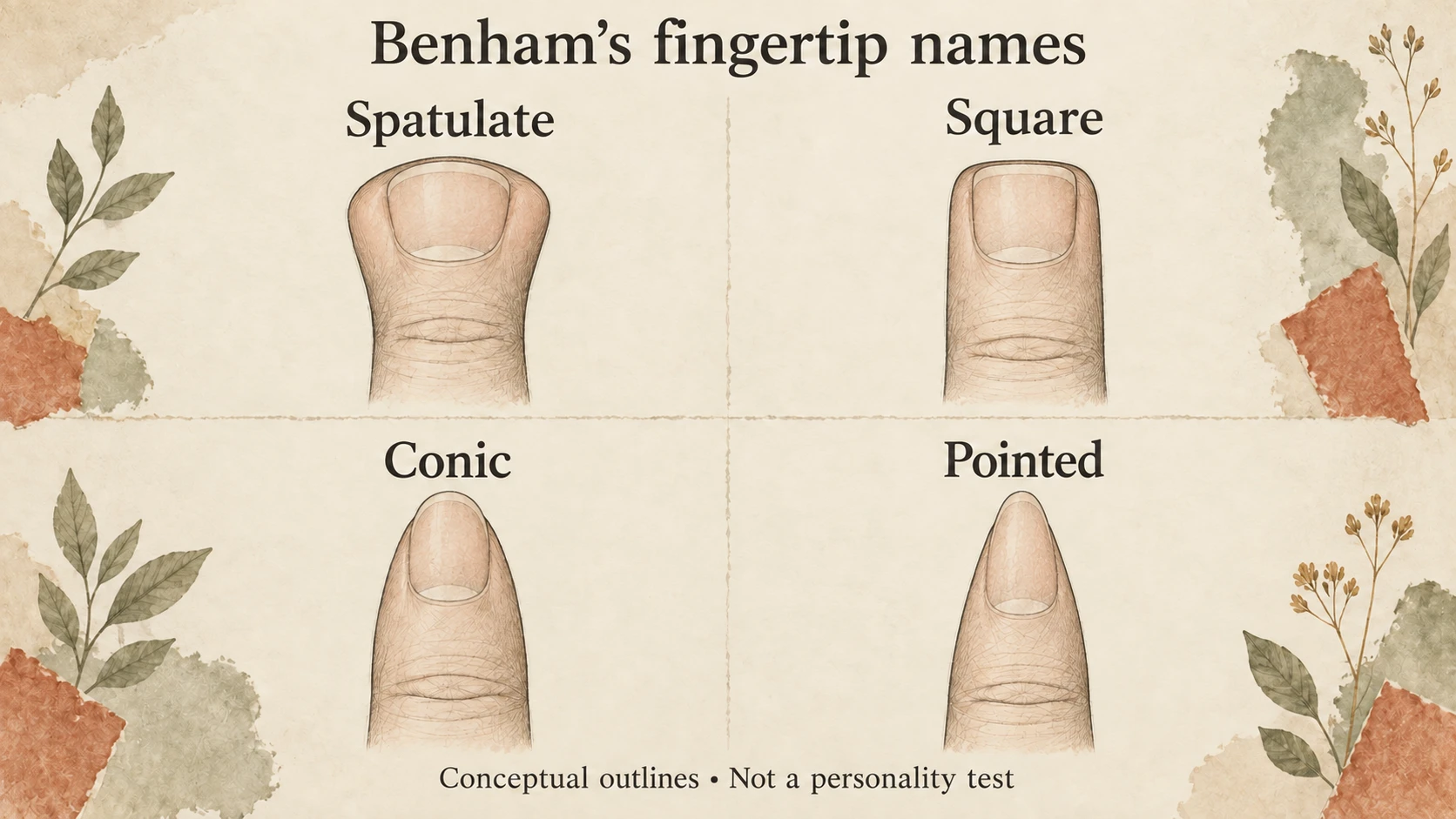 Labelled conceptual diagram of Benham's fingertip names: spatulate flares outward, square has near-parallel sides and a flatter end, conic tapers gently, and pointed tapers more narrowly. These are not personality types.