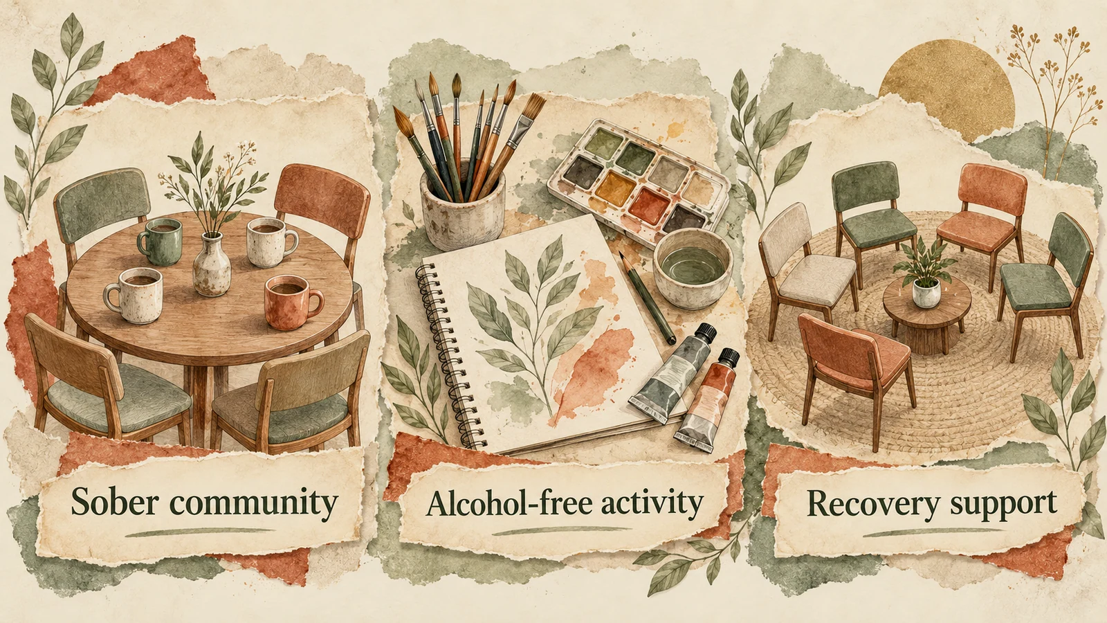 Three illustrated tables are labelled Sober community, Alcohol-free activity and Recovery support.