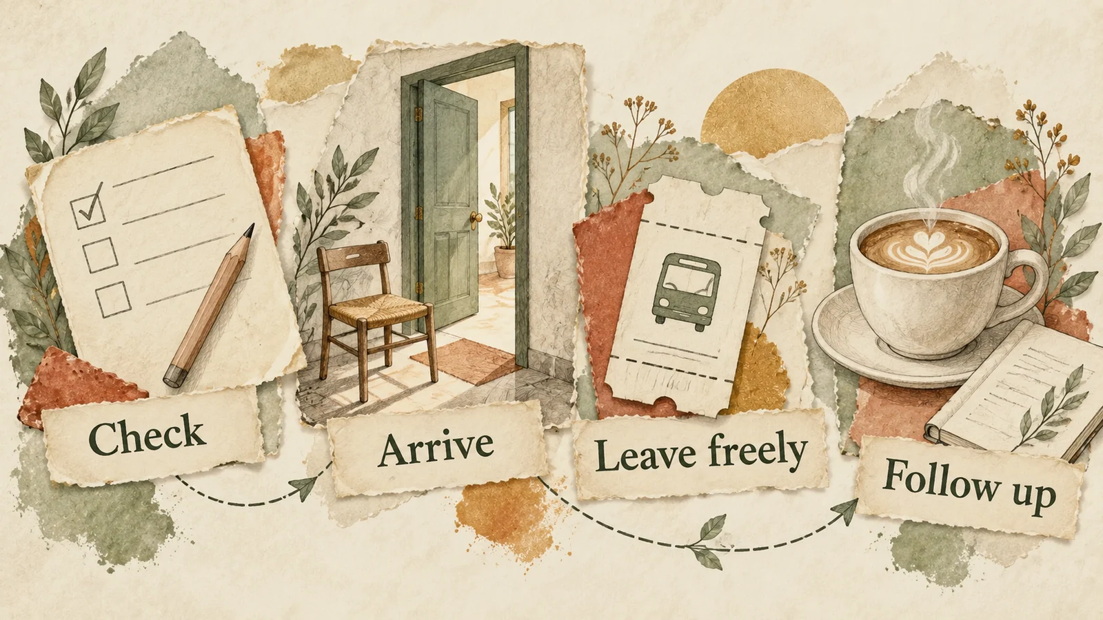 An event ticket, chair, bus ticket and coffee cup illustrate Check, Arrive, Leave freely and Follow up.